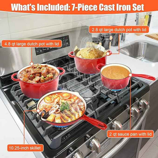 QuliMetal Nonstick Enameled Cast Iron Cookware Set, 7-Pcs Pots and Pans with Lids, Frying Pan Skillet, Sauce Pan, Healthy Round Dutch Oven Pot for Sourdough Bread Baking on All Stovetops, Rouge Red
