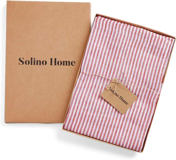 Solino Home 100% Pure Linen Apron for Women & Men - Red and White Stripe Full Midi Bib Apron, Adjustable Neck Strap with Center Pockets for Kitchen, Chef - Handcrafted from European Flax