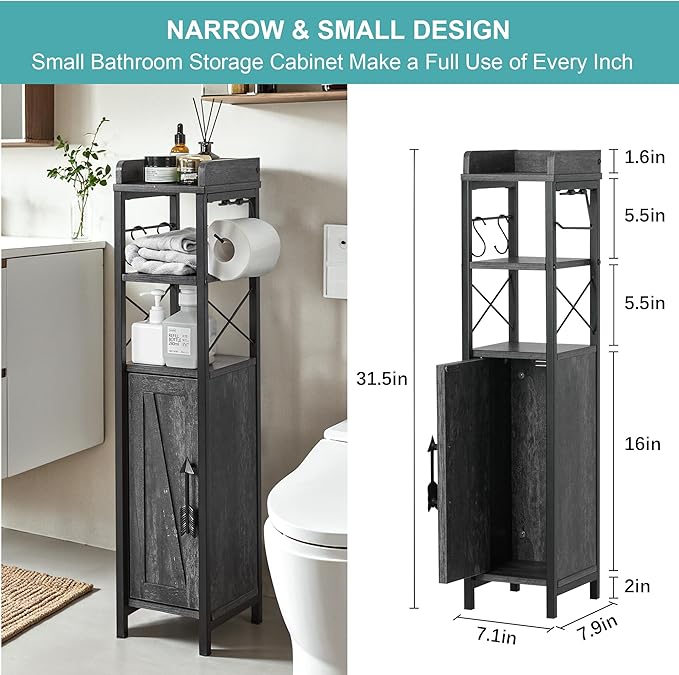 VECELO Small Bathroom Cabinet,Slim Toilet Paper Holders with Magnetic Door&2 Shelves, Narrow Storage Cabinet Organizer for Bathroom Restroom Tiny Space,Fenced Top Farmhouse Style,Coal Grey
