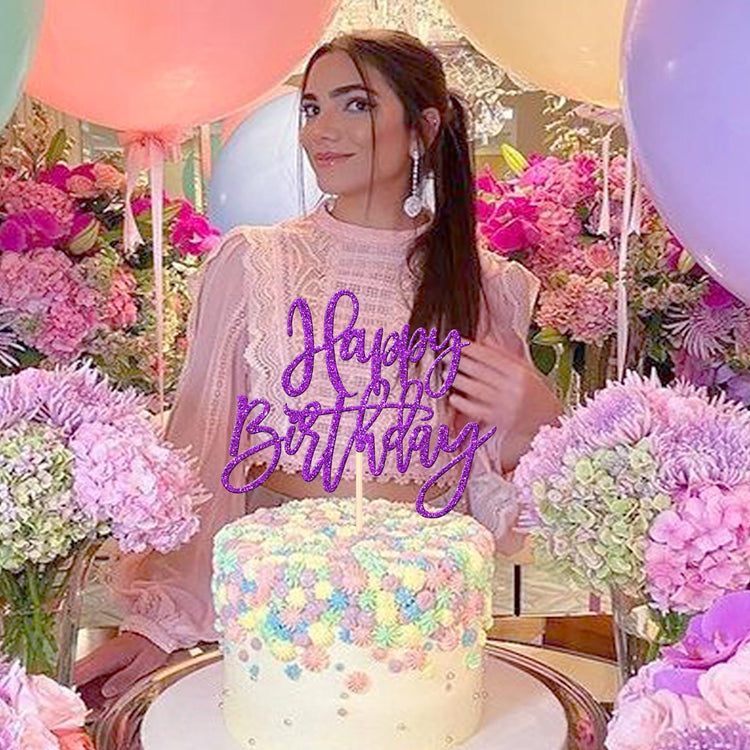 1 PCS Happy Birthday Cake Topper Glitter Happy Birthday Cake Pick for Celebrating Happy Birthday Anniversary Theme Party Cake Decorations Supplies Purple