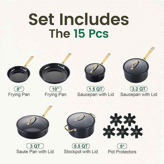 Chef Power Ceramic Cookware Sets, 15Pcs Pots and Pans Set Non Stick, Cookware Set with Stainless Steel Handle, Dishwasher & Oven Safe, Stone Black and Light Gold Handle