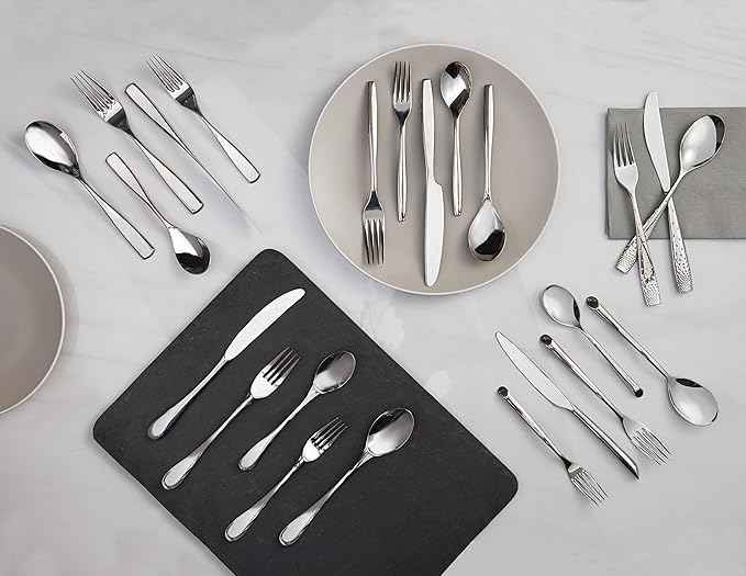 nambe Anna Flatware, 45-Pc Set, 18/10 Mirror Stainless Steel Silverware Cutlery Set, Designed for Home Kitchens, Hotel, or Restaurants, Service for 8 and a 3pc Hostess Utensil Set, Dishwasher Safe