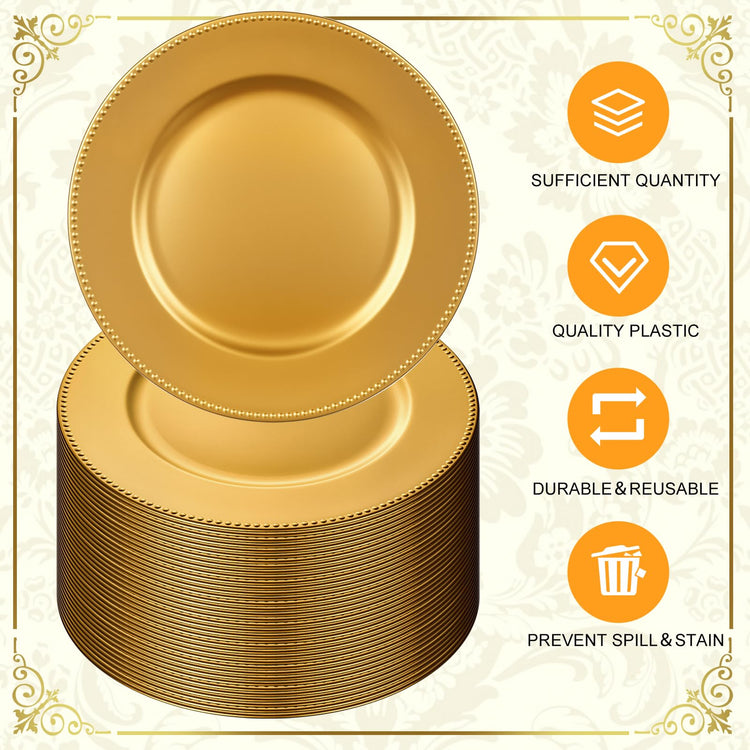 200 Pcs Gold Charger Plates Set Includes 100 Gold Chargers 100 Napkin Rings (200 Count)