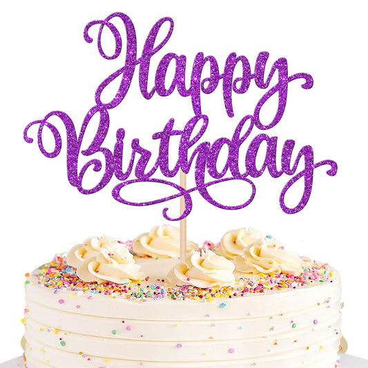 1 PCS Happy Birthday Cake Topper Glitter Happy Birthday Cake Pick for Celebrating Happy Birthday Anniversary Party Cake Decorations Supplies Purple