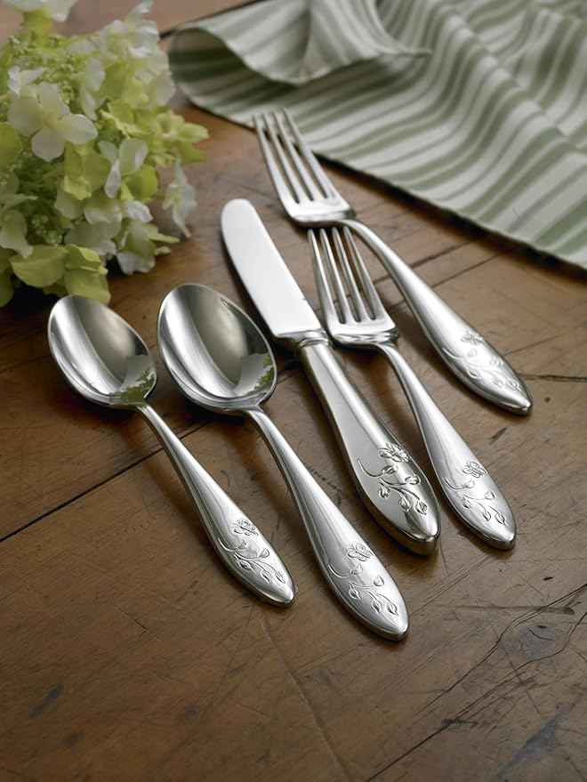 Lenox Silverware Set For 12, Butterfly Meadow 65-Piece Flatware Set, Service For 12, 18/10 Stainless Steel, Dishwasher Safe, Butterfly and Flower Motif, Includes Serving Utensils (Silver, 65 Piece)
