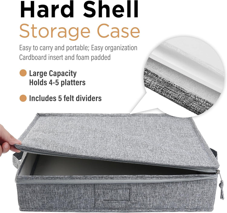 LotFancy Platter Storage Case, Hard Shell, China Storage Container for Moving, 17x13x3.5 in, 5 Felt Dividers Included