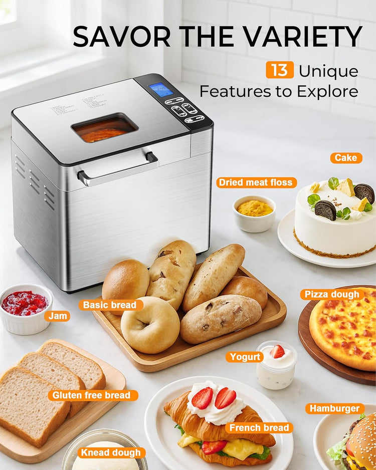 EUHOMY Bread Maker Machine 13 Program 2LB Bread Maker, Bread Machine with 3 Loaf Sizes and 3 Crust Colors, Breadmaker with Fruit & Nut Dispenser,Ideal for Family Gifts, Gluten Free