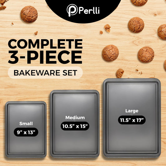 Non-Stick 3-Piece Baking Pan Set – Carbon Steel with Even Heat Distribution, Oven Safe to 446°F, BPA-Free, Dishwasher Safe, Stackable Baking Tools for Easy Storage and Everyday Cooking - Gray (3 Count)