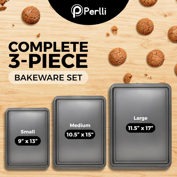 Non-Stick 3-Piece Baking Pan Set – Carbon Steel with Even Heat Distribution, Oven Safe to 446°F, BPA-Free, Dishwasher Safe, Stackable Baking Tools for Easy Storage and Everyday Cooking - Gray (3 Count)