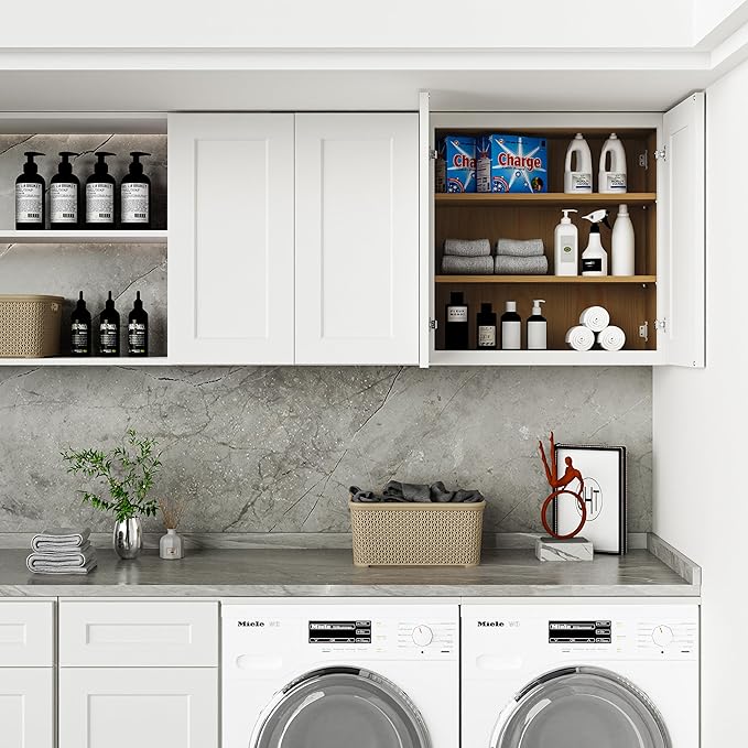 30 Inch Laundry Room Cabinets Wall Mounted, Solid Wood Over The Toilet Storage Organizer, White Shaker RTA Kitchen Wall Cabinet with 2 Shaker Door & Shelves, Large Space for Bathroom, Garage