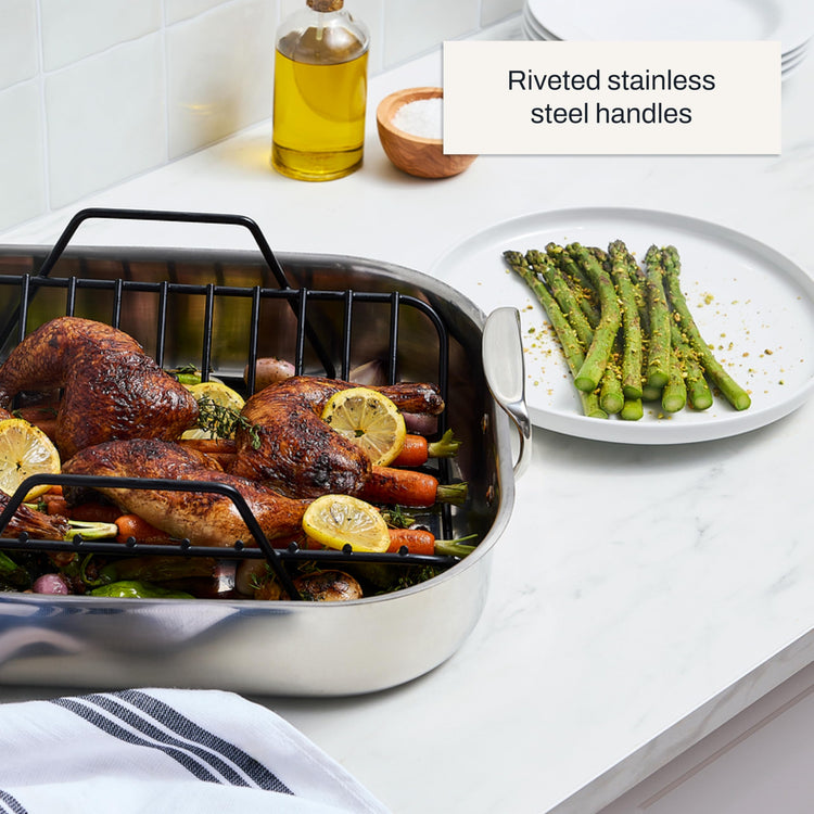 Specialty Stainless Steel Roaster and Nonstick Rack 16x13x5 Inch Oven Broiler Safe 600F Roaster Pan