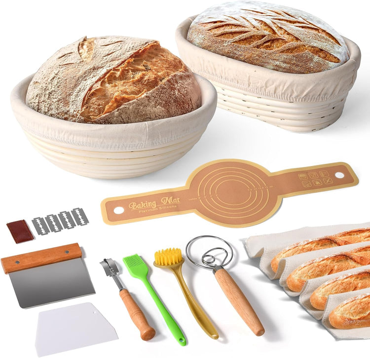 Banneton Bread Proofing Basket Set, 9" Round & 10" Oval Natural Rattan Sourdough Bowl with Linen Liner, Sourdough Starter Kit, Fermented Cloth, Silicone Bread Sling, Ideal for Homemade Bread