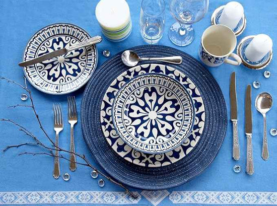 Tudor Royal Collection 24-Piece Premium Quality Round Porcelain Dinnerware Set, Service for 6 - HENNA BLUE, See 10 Designs Inside