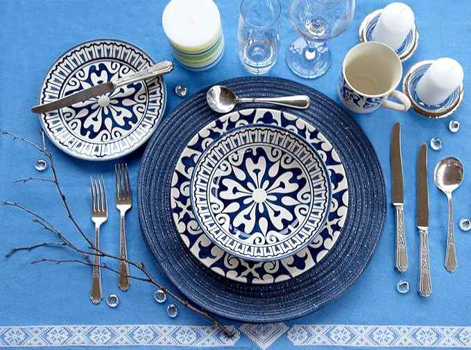 Tudor Royal Collection 24-Piece Premium Quality Round Porcelain Dinnerware Set, Service for 6 - HENNA BLUE, See 10 Designs Inside