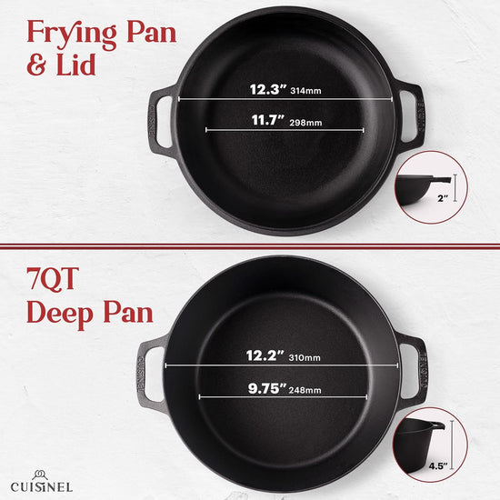 Cuisinel Cast Iron Dutch Oven 7-Quart - Pre-Seasoned 2-in-1 Deep Pot Multi-Cooker - Combo Lid Doubles as 12" Skillet Frying Pan + Silicone Handle Covers + Scraper/Cleaner - Indoor/Outdoor Cookware - Nestoria