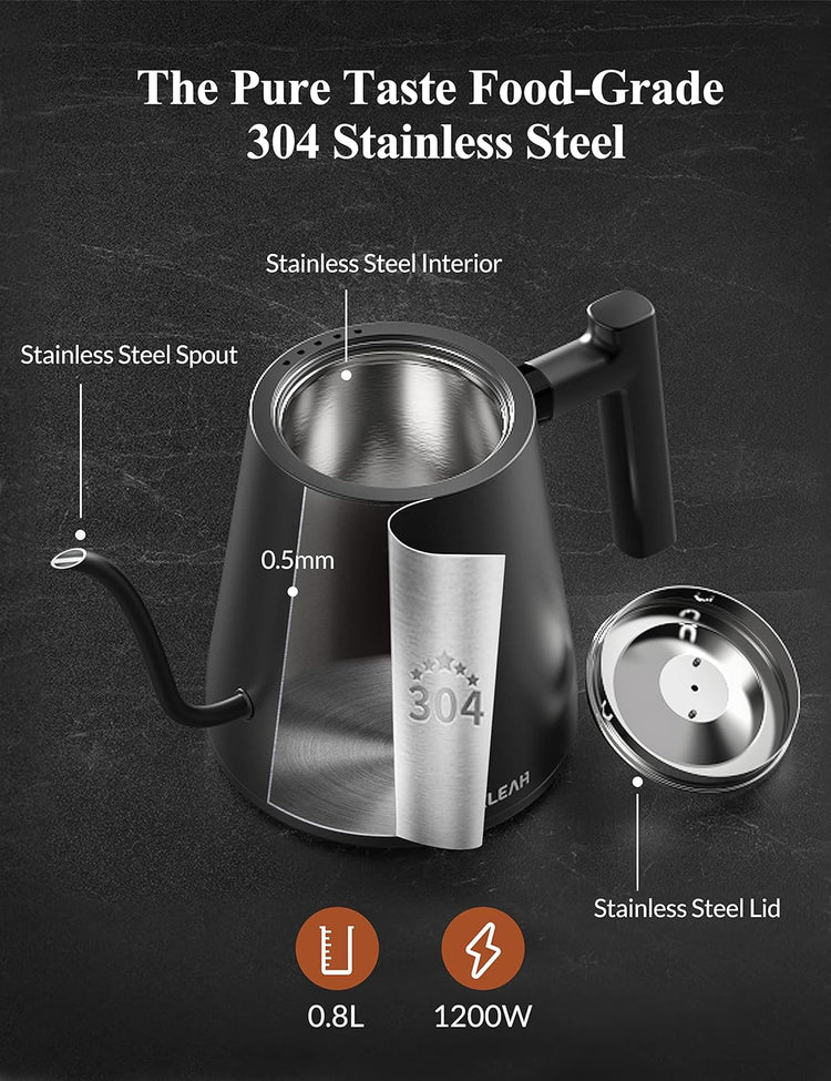 KLEAH Gooseneck Electric Kettle with Temperature Control - 0.8L Automatic Shut Off Tea & Coffee Kettle, Hot Water Boiler Pour Over Coffee Kettle, 1200W Quick Heating Keep Warm, Black