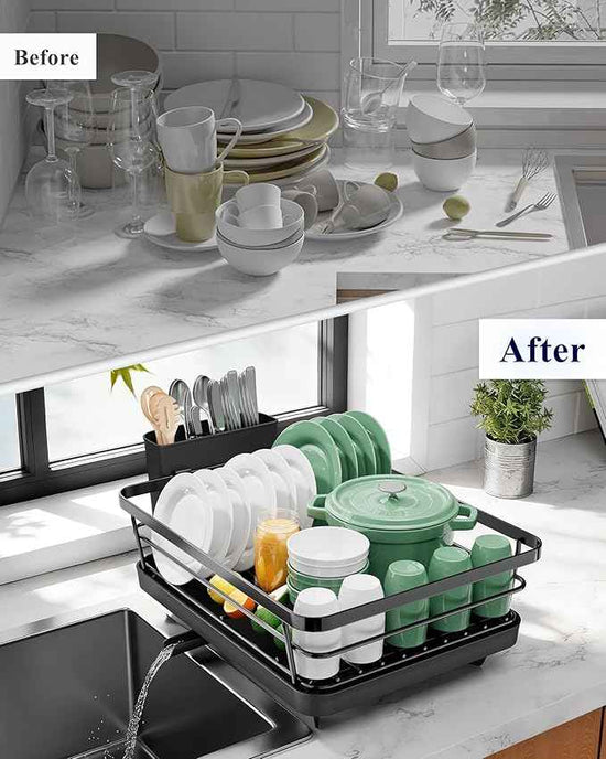 Kitsure Dish Drying Rack for Kitchen Counter, Stainless Steel Sink Organization and Storage Essentials with Cutlery Holder, Home and Appartment Decor, 12''W x 15.5''L, Black