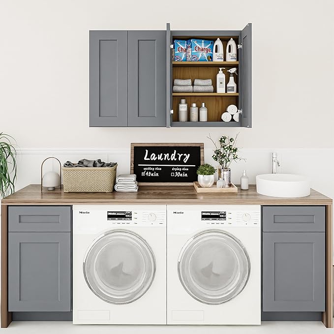 Solid Wood Kitchen Wall Cabinets, 24 Inch Wide 12 Deep Over The Toilet Storage Cabinet, Bathroom Organizer Cabinets with 2 Shaker Door & 3 Shelves, Easy Assembly for Laundry Room - Grey