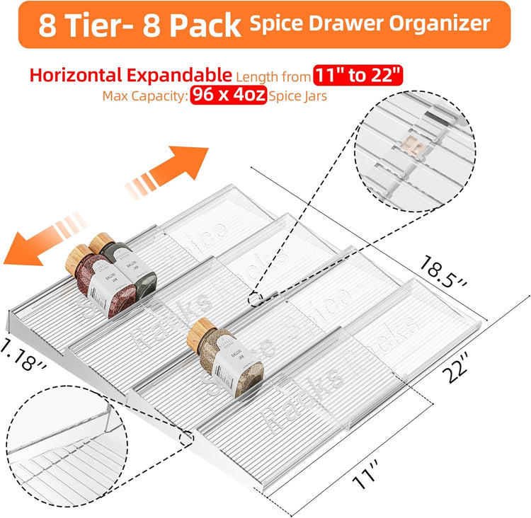 8 Packs Spice Drawer Organizer, 2-Tier Acrylic Drawer Seasoning Organizer, Expandable From 11'' to 22'' Kitchen Spice Rack Organizers and Storage for Drawer (Jars not included), Clear