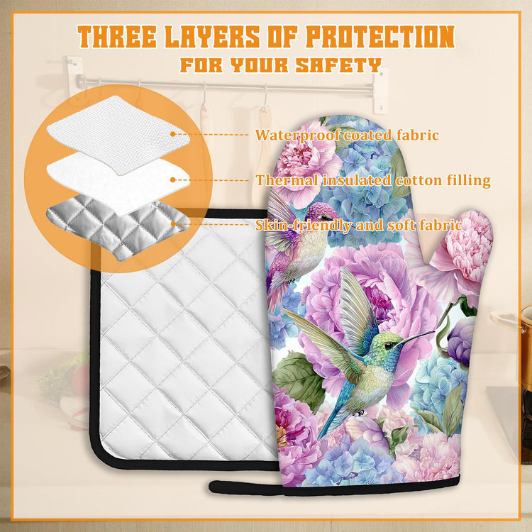 Hummingbird Oven Mitts and Pot Holders Set (4 Count)
