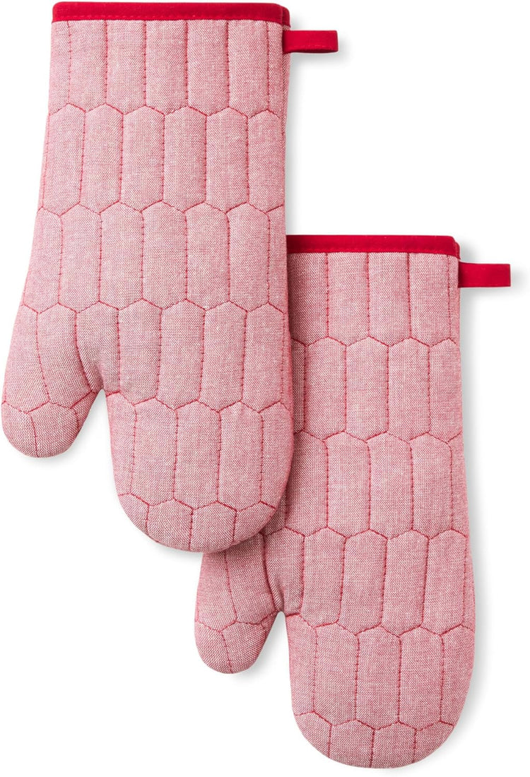 MARTHA STEWART Honeycomb Quilted Chambray Oven Mitt 2-Pack Set, 100% Cotton, Heat Resistant, Flexible Grip, Red, 7"x13"