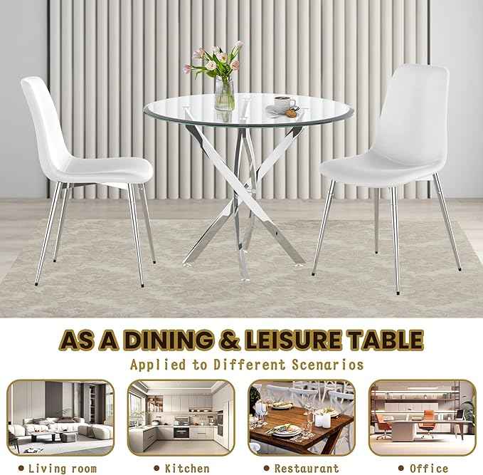 36" Round Glass Dining Table Set for 4, 5-Piece Modern Kitchen Table with 4 Grey Velvet Small Chairs, Modern Circle Leisure Tables for Home Office Dining Room Small Spaces (Silver Leg)