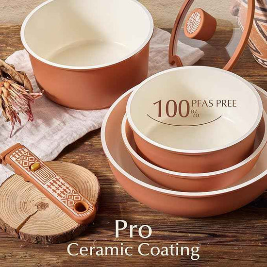 CAROTE 21-Piece Ceramic Cookware Set, Nonstick Pots and Pans Set with Detachable Handle, Non-Toxic Kitchen Cooking Set, Induction Compatible, Dishwasher & Oven Safe, Terracotta