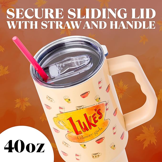 Silver Buffalo Gilmore Girls Luke's Diner Double Walled Stainless Steel Tumbler with Handle and Straw, Fits in Standard Cup Holder, 40 Ounces