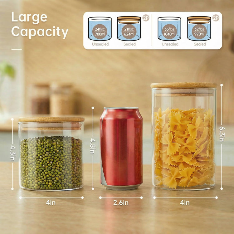 32 oz & 21 oz Round Glass Food Storage Containers with Bamboo Lids (4 Count)