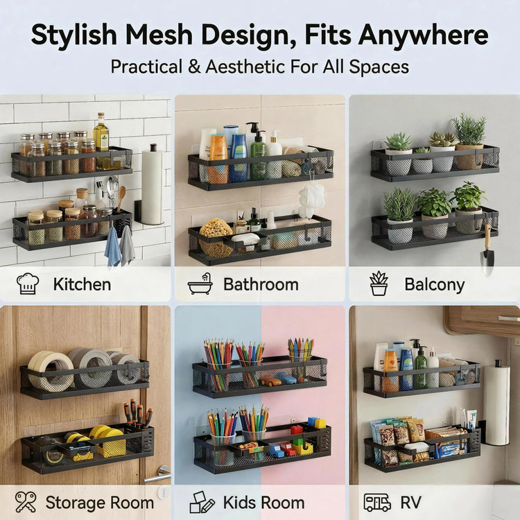5-in-1 16.5" Extra Long Slim Wall Mount Wrapped Mesh Kitchen Organizer & Shower Caddy Kit, with Paper Towel Holder, Utensil Holder, Soap Dish, Holds 50LBS - Vintage Bronze, Netting