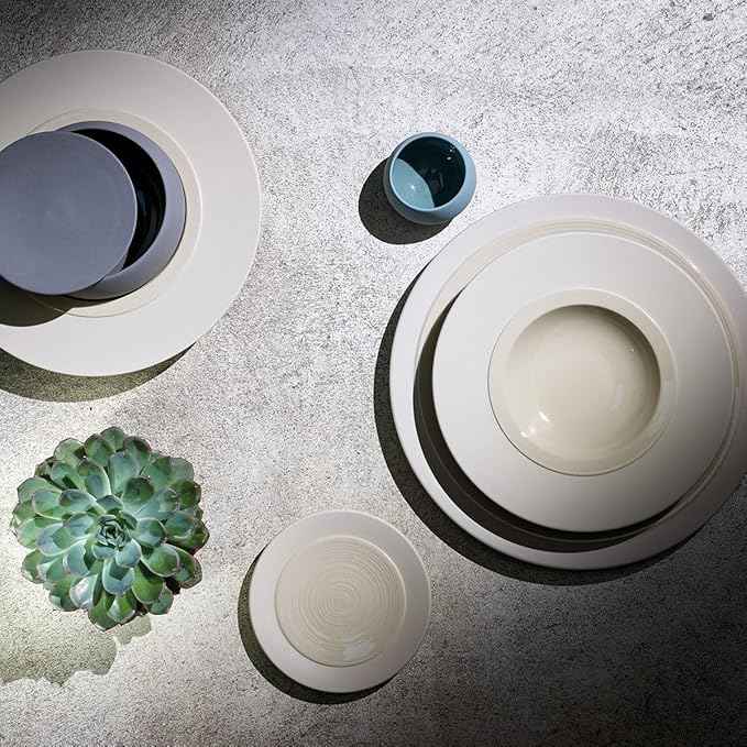 DEGRENNE Bahia French Deep Cereal Plate Set - Luxury Stoneware Plate Bowl Set for 4, Wide & Shallow, Modern Ceramic Dishware, Made in France, Microwave Safe, Dishwasher Safe, 8” - Dune