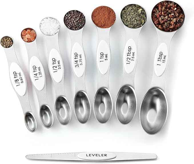 Spring Chef White Stainless Steel Magnetic Measuring Spoons Set of 8 with Leveler, Dual Sided Metal Teaspoon & Tablespoon Measuring Spoons, Fits in Spice Jars, Kitchen Gadgets for Baking & Cooking