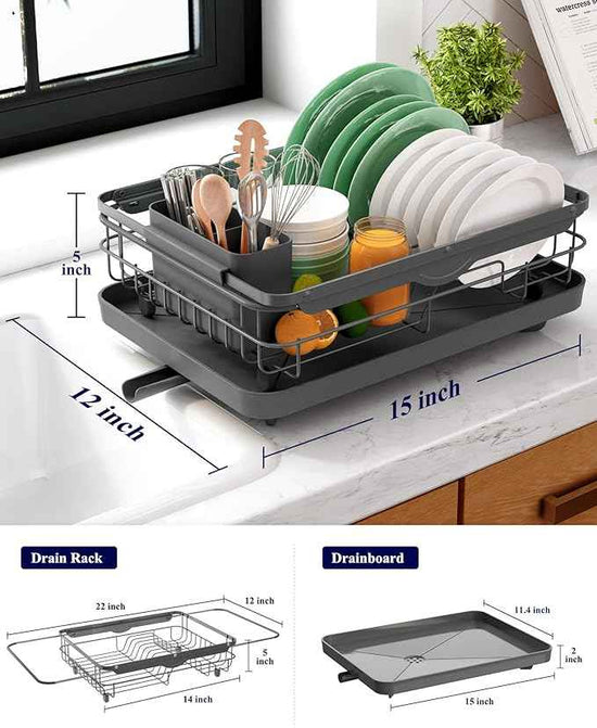Kitsure Dish Drying Rack for Kitchen Counter, Stainless Steel Sink Organization and Storage Essentials with Cutlery Holder, Home and Appartment Decor, 12.2''W x 15.7''~23''L, Grey