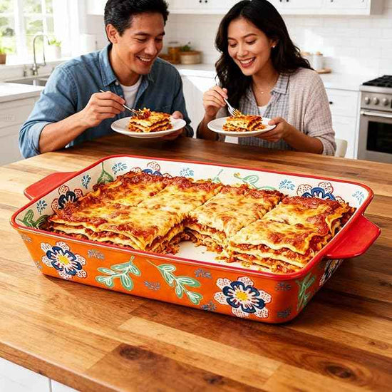 Ceramic Baking Dish Set, 2-Piece Stoneware Bakeware with Handles, 3QT & 1.2QT Casserole Dishes for Oven to Table, Microwave Dishwasher Safe, Lead-Free, Hand-Painted Bakeware -Warm Orange