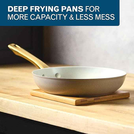 Farberware Forged Induction Ceramic Nonstick Pots and Pans Set with Cooking Tools, Dishwasher Safe, Gold Color Stainless Steel Handles, 12 Piece Cookware Set - Taupe