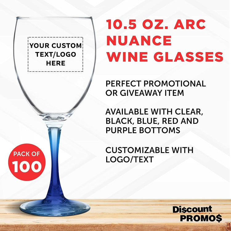 Custom Nuance Wine Glasses by ARC 10.5 oz. Set of 100, Personalized Bulk Pack - Restaurant Glassware, Perfect for Red Wine, White Wine, Cocktails - Blue