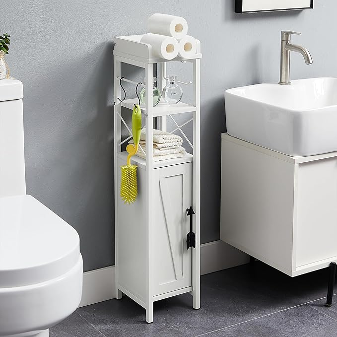 VECELO Small Bathroom Cabinet,Slim Toilet Paper Holder with Door & 2 Shelves,Narrow Storage Organizers Fenced Top Waterproof Coating for Restroom Bathroom in Tiny Space,White
