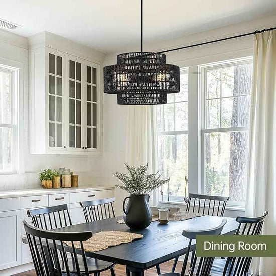 4-Light Black Boho Rattan Chandelier Light Fixture, 17.7” Hand Woven Rustic Chandeliers Farmhouse Chandelier Hanging Light for Dining Room Kitchen Island, Living Room, Foyer