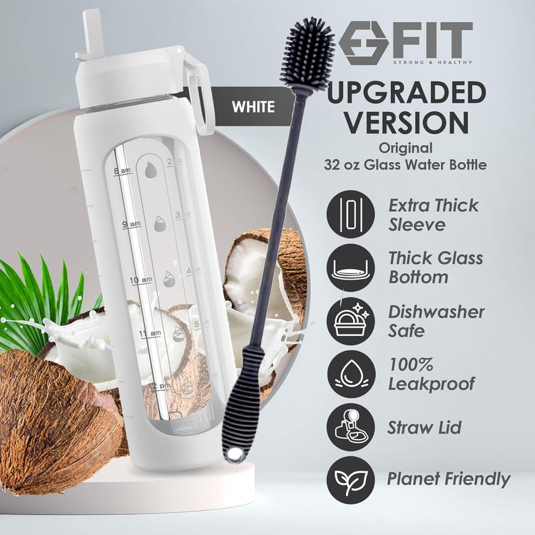 FIT Strong & Healthy 32 oz Glass Water Bottle with Straw Lid, Time Marker, Sleeve & Extra Lid - Motivational, Wide Mouth 1 Liter Glass Drinking Bottle