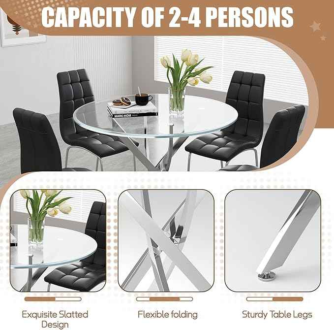 5 Piece Round Glass Dining Table Set, Round Tempered Glass Kitchen Table Set for 4, Modern Table Set with 4 High-Back Upholstered Chairs for Kitchen Dining Room (Silver Legs, 4 Black Chairs)