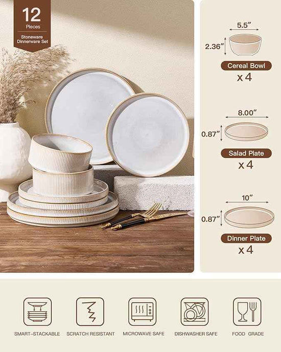 Stoneware Dinnerware Sets, Handcrafted Double Reactive Glaze Plates and Bowls for Everyday & Formal Dining, Microwave & Dishwasher Safe, Scratch Resistant Dishes for 4 (12-Piece), Cappuccino White
