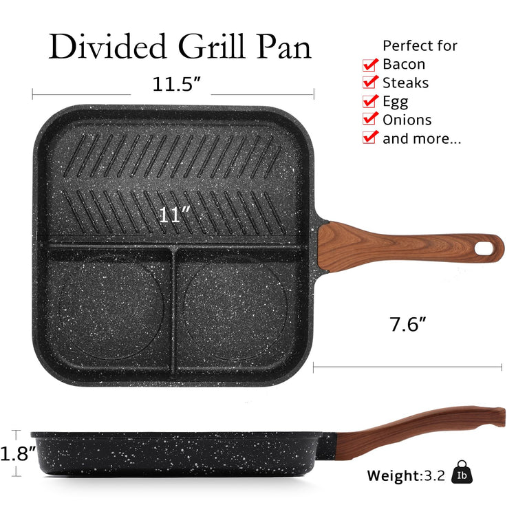 Nonstick Divided Grill Pan with Lid & Tongs for Stove Tops
