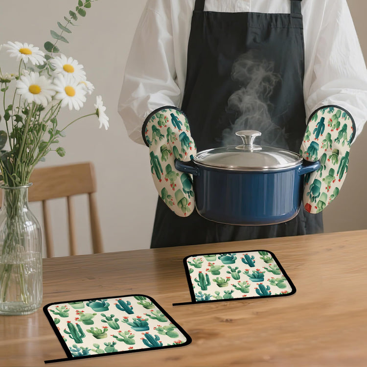 Cactus Succulent Flower Oven Mitts and Pot Holders Set (4 Count)