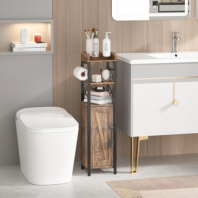 VECELO Small Bathroom Cabinet,Slim Toilet Paper Holder with Door&2 Shelves, Upgraded Narrow Storage Organizer for Restroom Bathroom Tiny Space,Metal Scroll Fenced Top Waterproof Coating,Brown