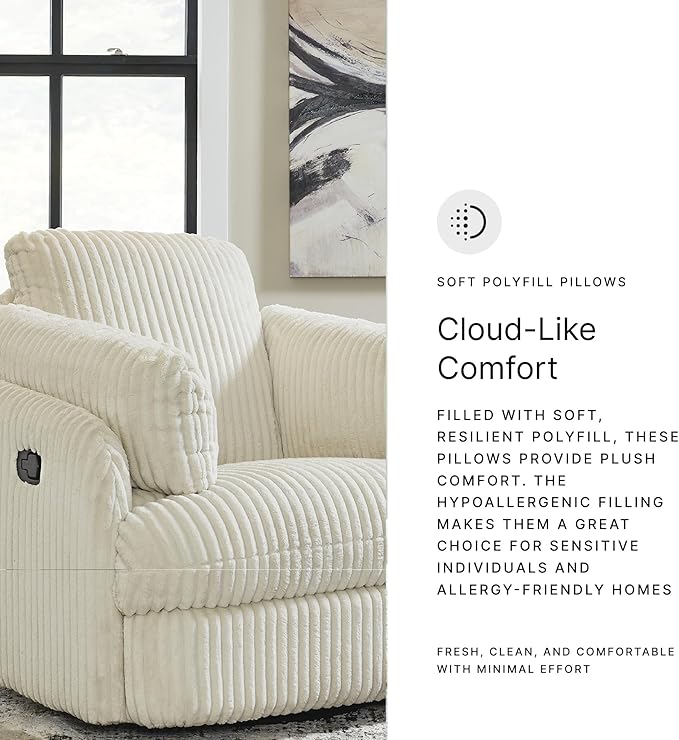 Signature Design by Ashley Tie-Breaker Cozy Contemporary Manual Press-Back Swivel Glider Rocker Recliner with 2 Bolster Pillows and Hidden Storage, White