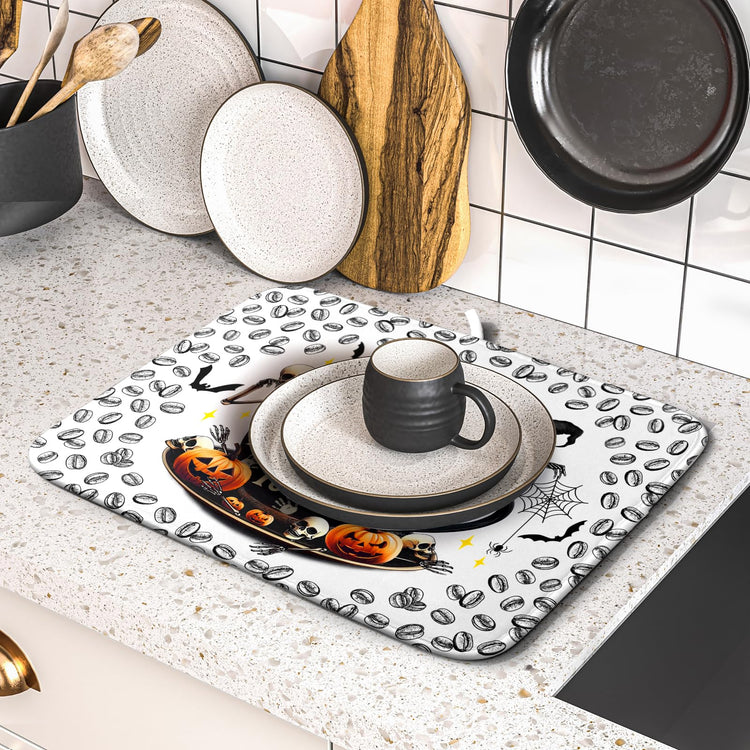 Funny Skull Coffee Mat for Table Counter Skeleton Dish Drying Mat Holiday Decoration for Home Coffee Bar