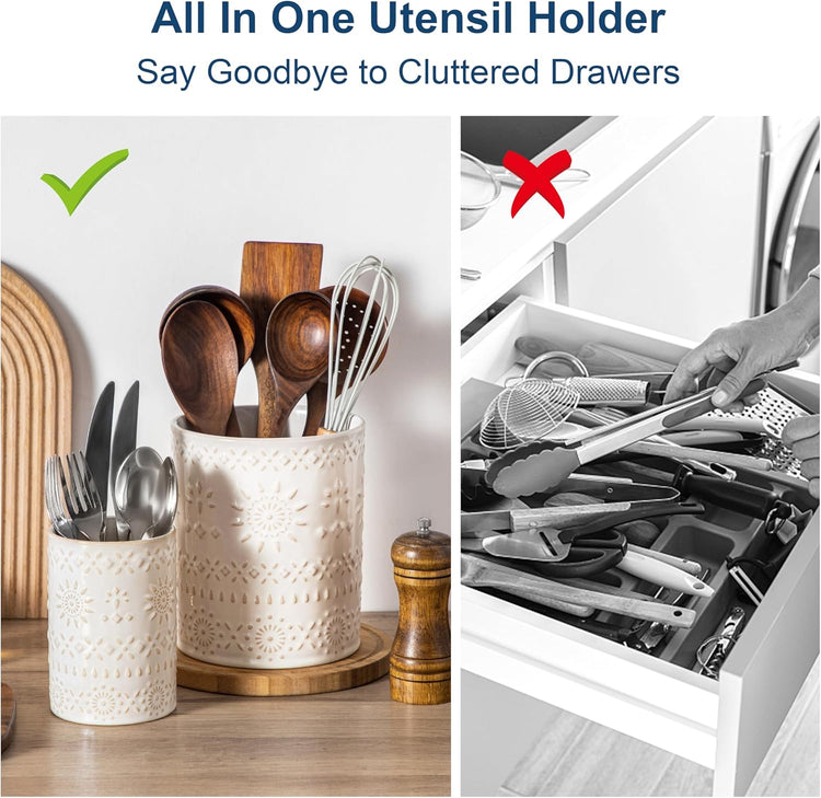 LOVECASA Utensil Holder, 7.2"+5.4" Ceramic Utensil Holder for Countertop, Large Cooking Utensil Crocks for Kitchen Counter, Farmhouse Utensil Vase for Housewarming, Kitchen Decor, Set of 2, Oasis