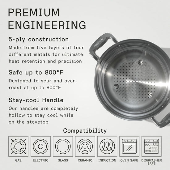 Made In Cookware - 8 Quart Stainless Steel Stock Pot With Lid and Pasta Insert - 5 Ply Stainless Clad - Professional Cookware - Crafted in Italy - Induction Compatible - Nestoria