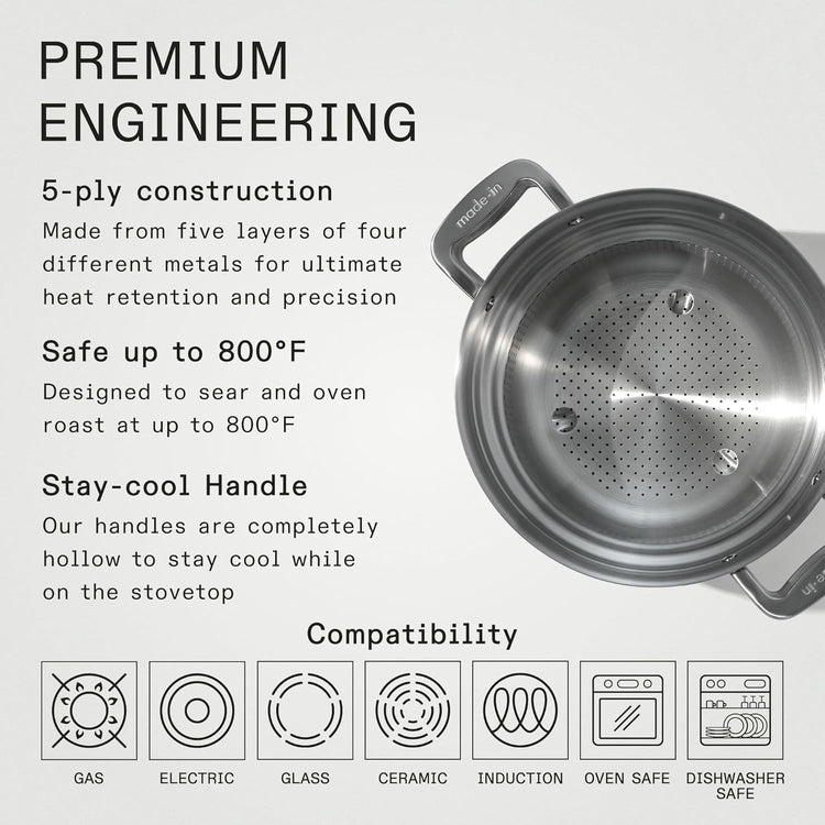 Made In Cookware - 8 Quart Stainless Steel Stock Pot With Lid and Pasta Insert - 5 Ply Stainless Clad - Professional Cookware - Crafted in Italy - Induction Compatible - Nestoria