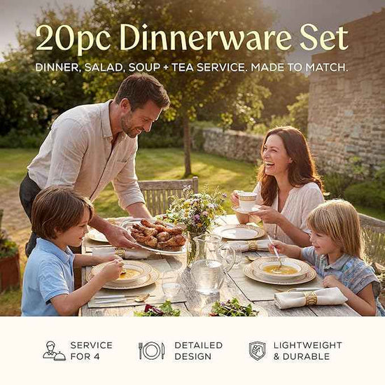 Joseph Sedgh Collection 20-Piece Bone China Dinnerware Set, Service for 4, White and Golden Greek Key